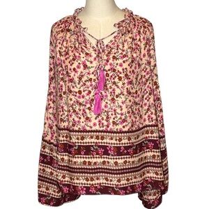 Entro Floral Peasant Blouse Boho Cottagecore Prairie Pink Brown Ladies M